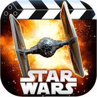 a star wars movie icon with a tie fighter in the background